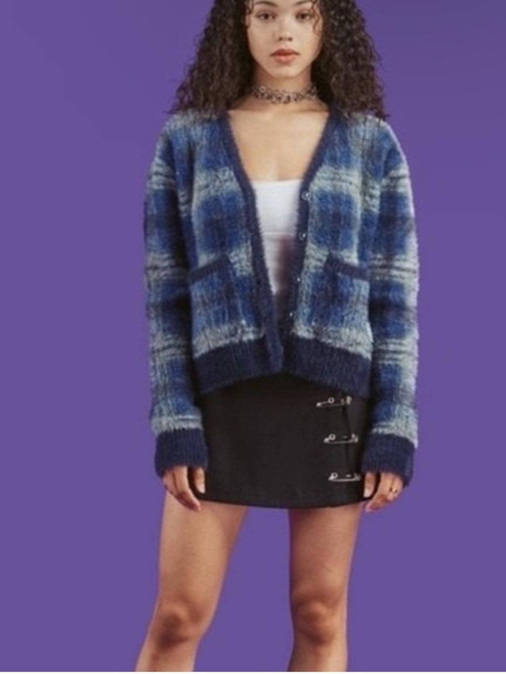 UNIF TY Fuzzy Plaid Cardigan Sweater Size Small